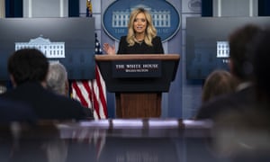 Kayleigh McEnany speaks during a press briefing at the White House, 1 May 2020.