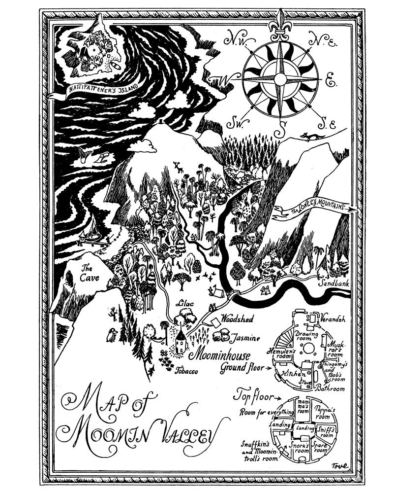 Map of Moomin Valley from Finn Family Moomintroll by Tove Jansson (1948, Sort of Books).