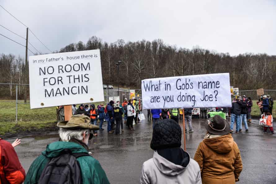 People protest against Senator Joe Manchin as they blockade the Grant Town coal waste power plant in Grant Town, West Virginia, on 9 April.