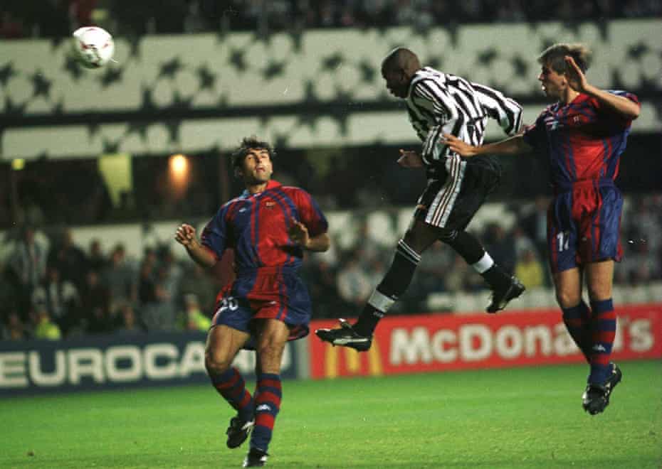 Asprilla scores his, and Newcastle’s, third goal in their 3-2 win over Barcelona in September 1997.