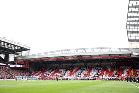 A tifo is displayed during the minutes applause in remembrance of former Liverpool player, Kevin Keegan before their match against Nottingham Forest.