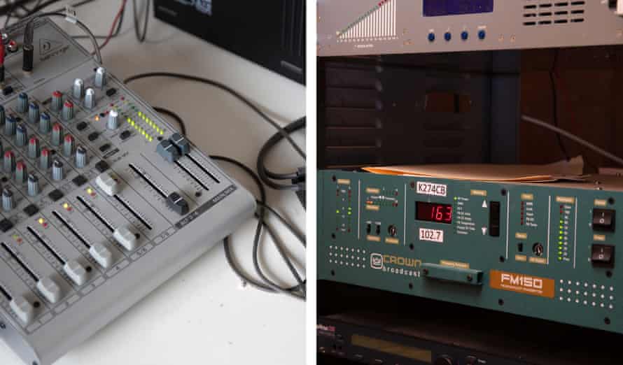 Left: Mixer and headphones at the radio station in Willcox. Right: a radio transmitter inside the dungeon.