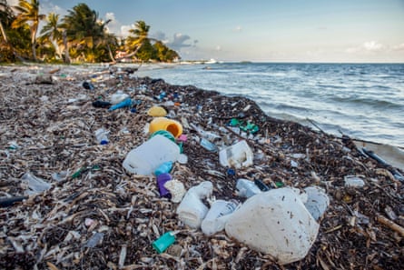 Plastic waste washed up on the shore, Turneffe Atoll, Caribbean, Belize.