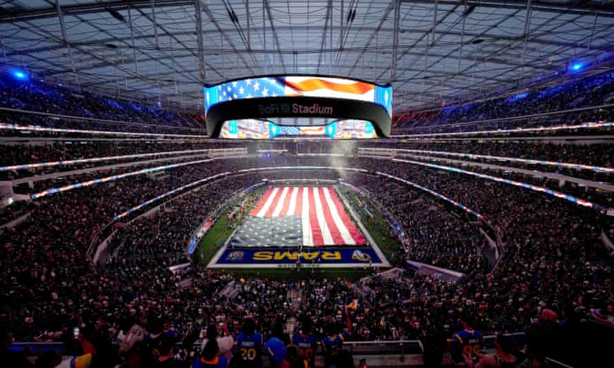 The American flag covers SoFi Stadium, where the Super Bowl will be played.