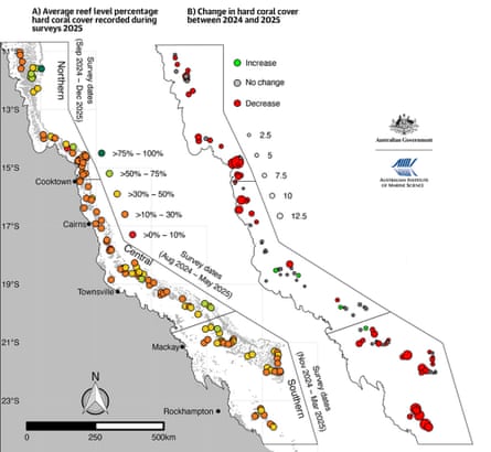 Map showing coral bleaching cover in 2024-25