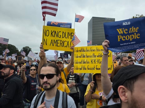 Protestors gather at the at the Atlanta Civic Center for “No Kings” day.