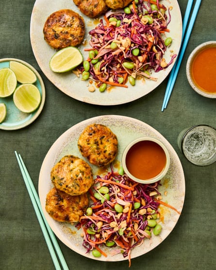 Richard Makin’s red curry fishless cakes with peanut slaw.