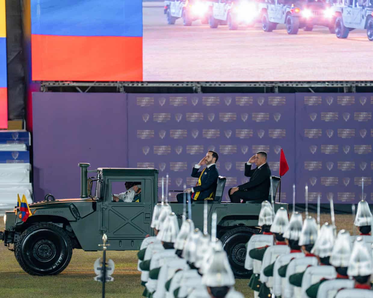 Abelardo de la Espriella (C) salutes during the military recognition ceremony as part of the presidential inauguration day in Cali, Colombia