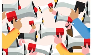 illustration of multiple megaphones shouting at each other