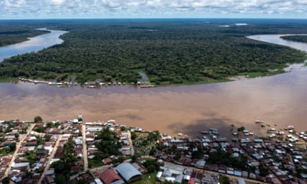 An aerial view of the town of Atalaia do Norte and the Javari River