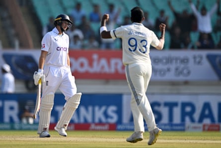 Jasprit Bumrah celebrates after the dismissal of Joe Root.