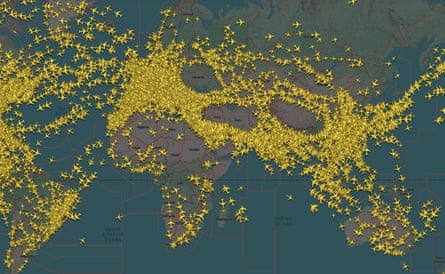 An image posted to X by Flightradar24 saying “this is what global air traffic looks like right now,” days into the Israel-Iran conflict.