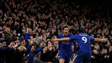 Chelsea’s Marcos Alonso celebrates scoring their second goal with fellow goalscorer Alvaro Morata.