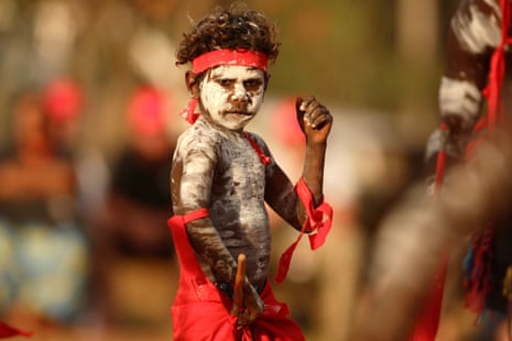 The Red Flag dancers from Numbulwar kick off the Bungul at the annual Garma festival in Arnhem Land.