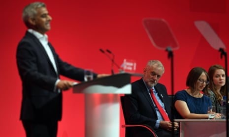Jeremy Corbyn looks on as Sadiq Khan addressed the Labour conference.