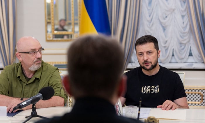 Ukraine’s President Volodymyr Zelenskiy and Defence Minister Oleksii Reznikov attend a meeting with Polish Defence Minister Mariusz Blaszczak, as Russia’s attack on Ukraine continues, in Kyiv, Ukraine July 12, 2022.