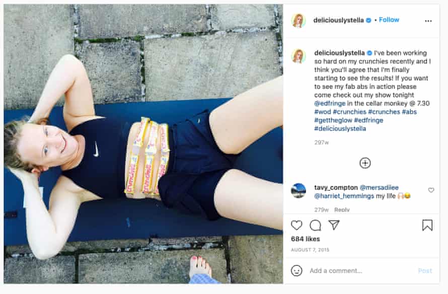 Bella as Stella, with sweets on her abs as she works out