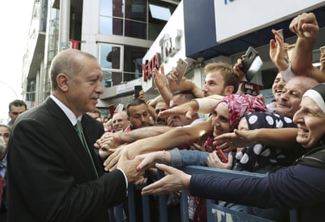 Turkey’s President Recep Tayyip Erdogan shaking hands with supporters in Black Sea city of Trabzon, Turkey, on Sunday.