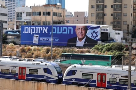 An election billboard featuring the centrist Yashar party leader, Gadi Eisenkot, in Tel Aviv on Tuesday.