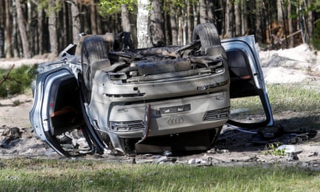 The car that Russian nationalist writer Zakhar Prilepin was in after a bomb went off in Russia’s Nizhny Novgorod region on Saturday.