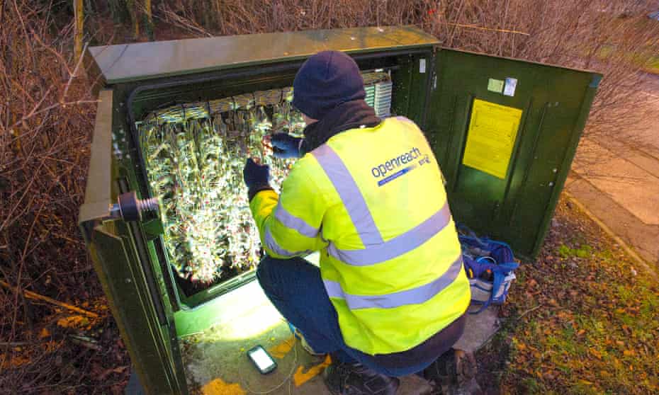 BT Openreach engineer works on upgrading a telephone exchange to superfast broadband near Livingston, West Lothian.