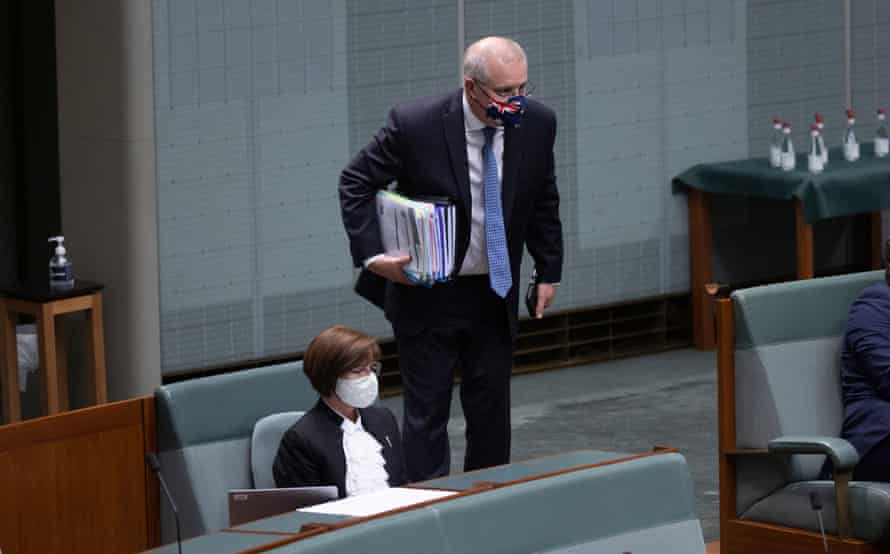 The Prime Minister Scott Morrison leaving the House of Representatives chamber after question time