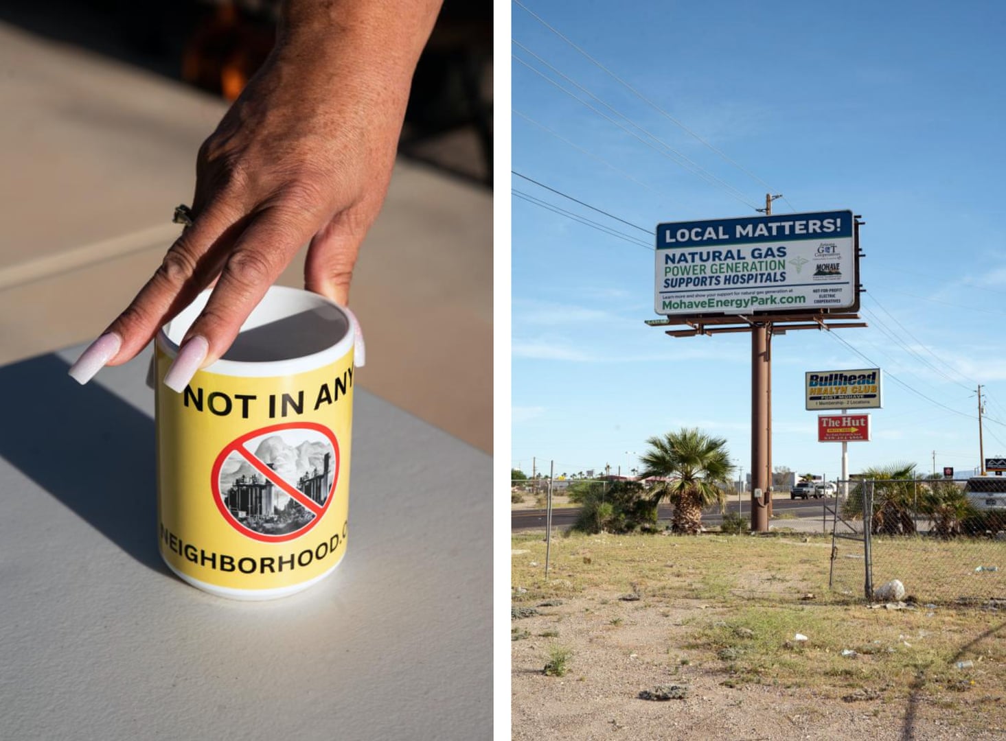 composite photo of hand reaching for a yellow mug and a billboard