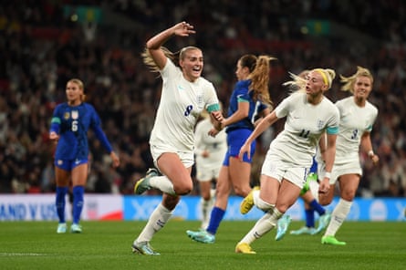Georgia Stanway celebrates after scoring England’s winner against the USA from the penalty spot.