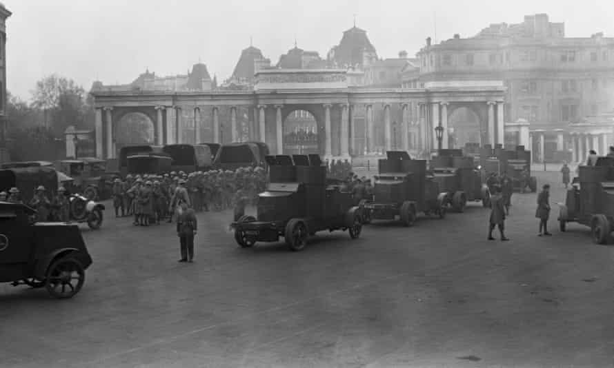 During the general strike in 1926, armoured cars and troops at Hyde Park Corner, London, prepare to escort London’s great food convoy.