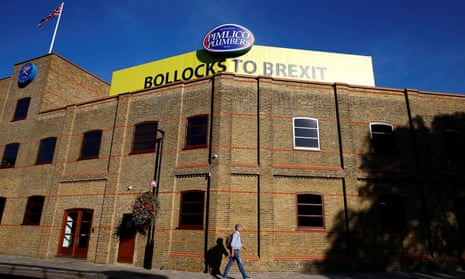 The anti-Brexit poster above Pimlico Plumbers headquarters in Waterloo, London.
