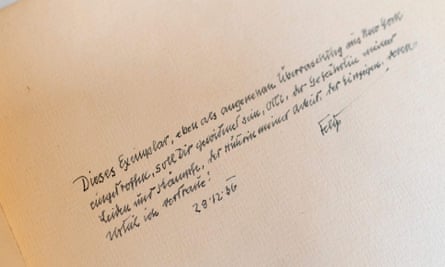Felix Salten’s handwritten dedication to his wife Ottilie on a page from the first English edition of Bambi.