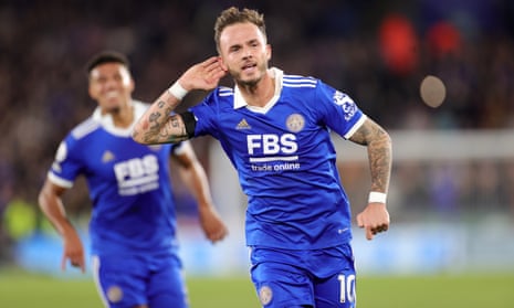 James Maddison celebrates scoring his second goal in Leicester’s rout of Nottingham Forest.