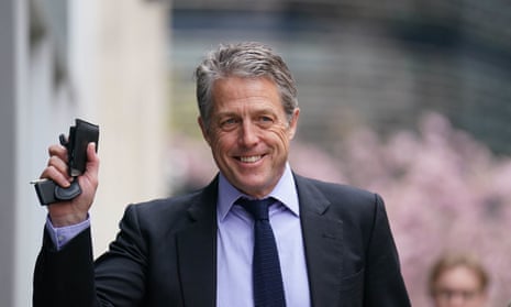 Hugh Grant arriving at the Rolls Buildings for the  News group phone-hacking hearing, London, 27 April 2023. 