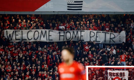 Stade Rennes fans hold up a banner in support of their former keeper Petr Cech.