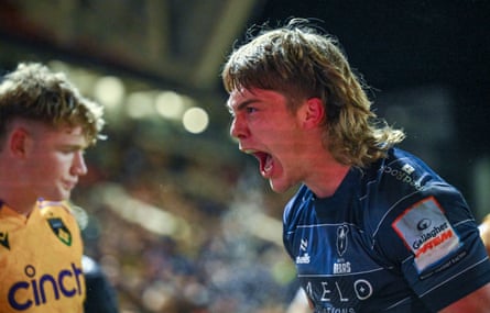 Aidan Boshoff screams with delight after scoring a try for Bristol