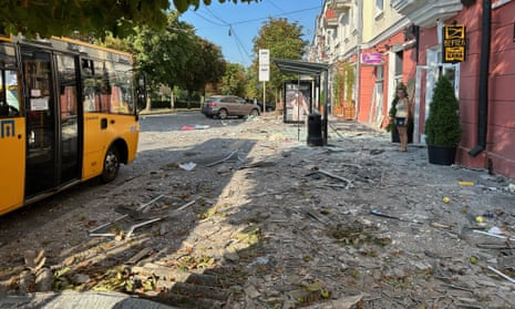 Debris on a street in Chernihiv after the Russian missile attack