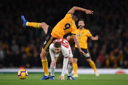 November 11: Shkodran Mustafi of Arsenal battles for possession with Raul Jimenez of Wolverhampton Wanderers.