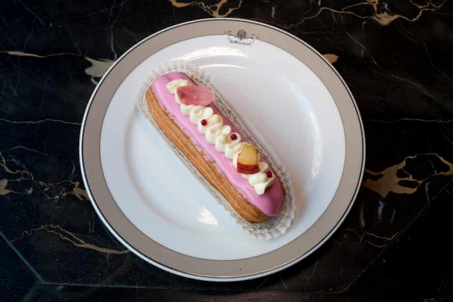 Eclair peach melba - a majestic cabbage leaf filled with peach diplomat cream and raspberries