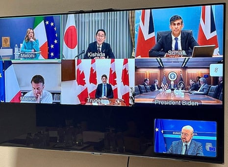 G7 leaders discuss Iranian attack on Israel over a video meeting in this picture obtained from social media, Brussels, Belgium, April 14, 2024.