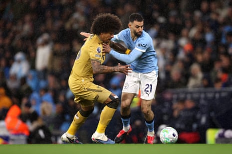 Rayan Ait-Nouri and Chris Richards battle for possession as we get back under way at the Etihad.