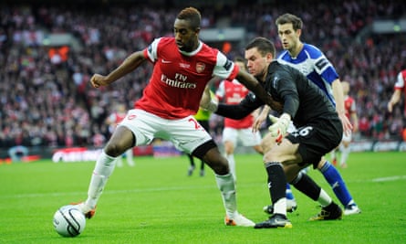 Djourou holds off Birmingham goalkeeper Ben Foster during the 2011 Carling Cup final at Wembley, a defeat that had disastrous consequences for the best season of the defender’s Arsenal career.