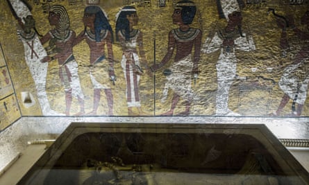 King Tutankhamun in his burial chamber in the Valley of the Kings.