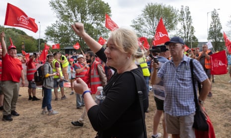 Sharon Graham joins picketing workers striking for a better pay deal at Felixstowe dockyard in Suffolk.