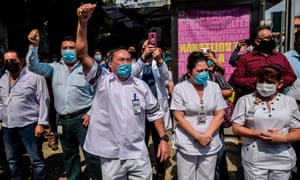 Health workers of 20 de Noviembre hospital bid farewell to stretcher-bearer Hugo López Camacho, who died of Covid-19, in Mexico City, on Monday.