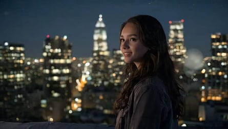 An AI generated image of a woman at nighttime with a city skyline in the background.