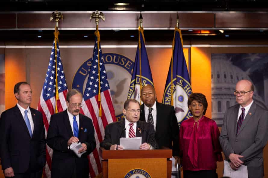Rub-a-dub-dub. Behind Jerry Nadler, chairman of the House judiciary committee and the man with the mic, stand, from left, Adam Schiff, Eliot Engel and Elijah Cummings (along with financial services committee chairwoman Maxine Waters and rules committee chairman Jim McGovern)