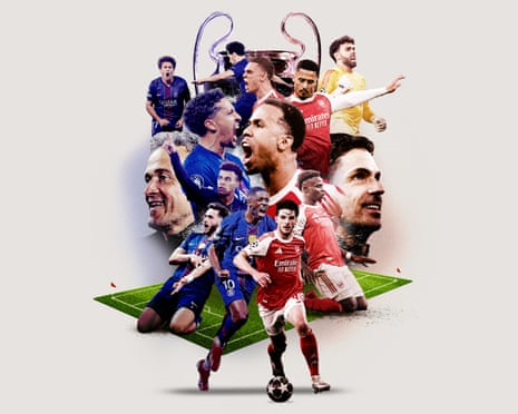 Montage of PSG and Arsenal players and managers