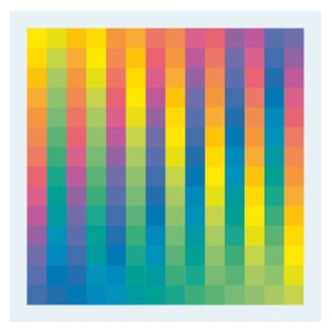 Karl Gerstner (Suiza,. B 1930), <em> policromada de colores puros </ em>, 1956-1958.  tinta de imprenta en los cubos de plexiglás, 1 1/4 x 1 1/4 pulg. (3 × 3 cm).  ea., fijado en un marco de metal cromado, 18 7/8 x 18 7/8 pulg. (48 x 48 cm) ea.  Cortesía del artista.