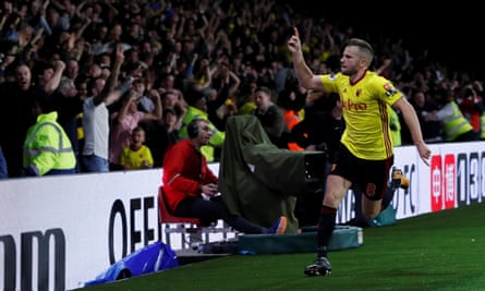 Tom Cleverley enjoys his winner against Arsenal, and so do the Watford fans.