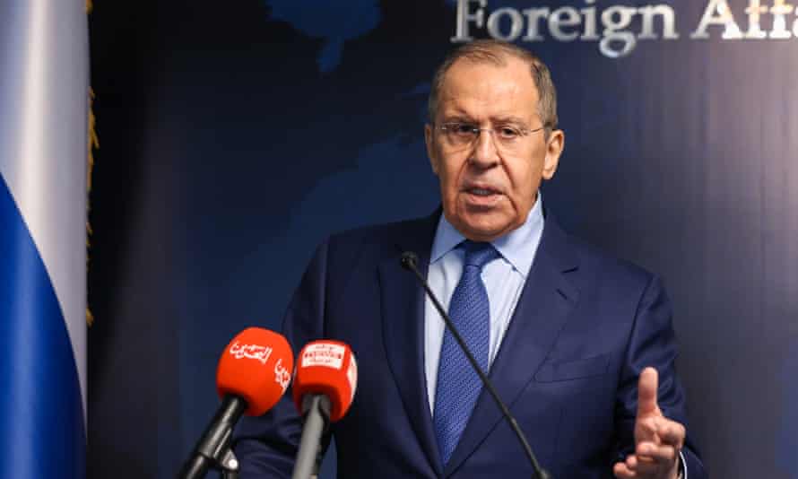 Russian Foreign Minister Sergei Lavrov attends a joint press conference with his Bahraini counterpart (not pictured) following their meeting in Manama, Bahrain, 31 May 2022.